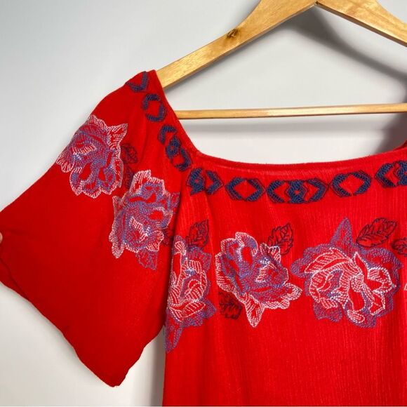 Red Square Neck Top Flowy Embroidered Short Sleeve Fairy Floral Boho Cottage S - Picture 2 of 8
